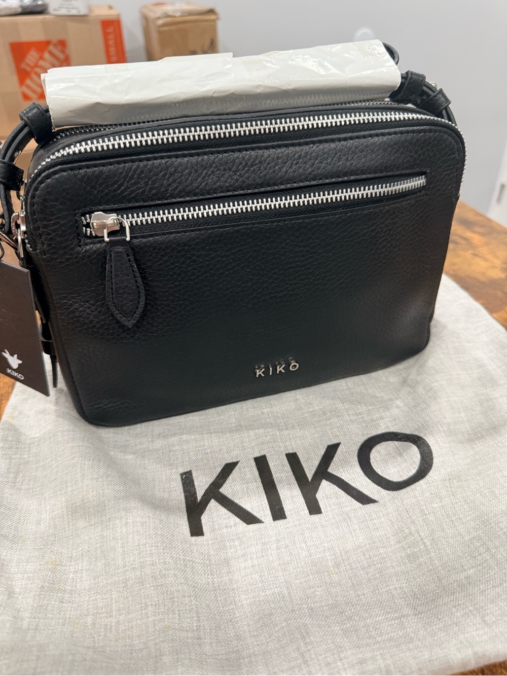 Kiko Black Pebbled Leather Crossbody with Silver Zippers